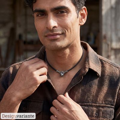 Herren Halsband aus geflochtenem Leder mit Anhänger aus Silber und einer Tahitiperle in anthrazit.