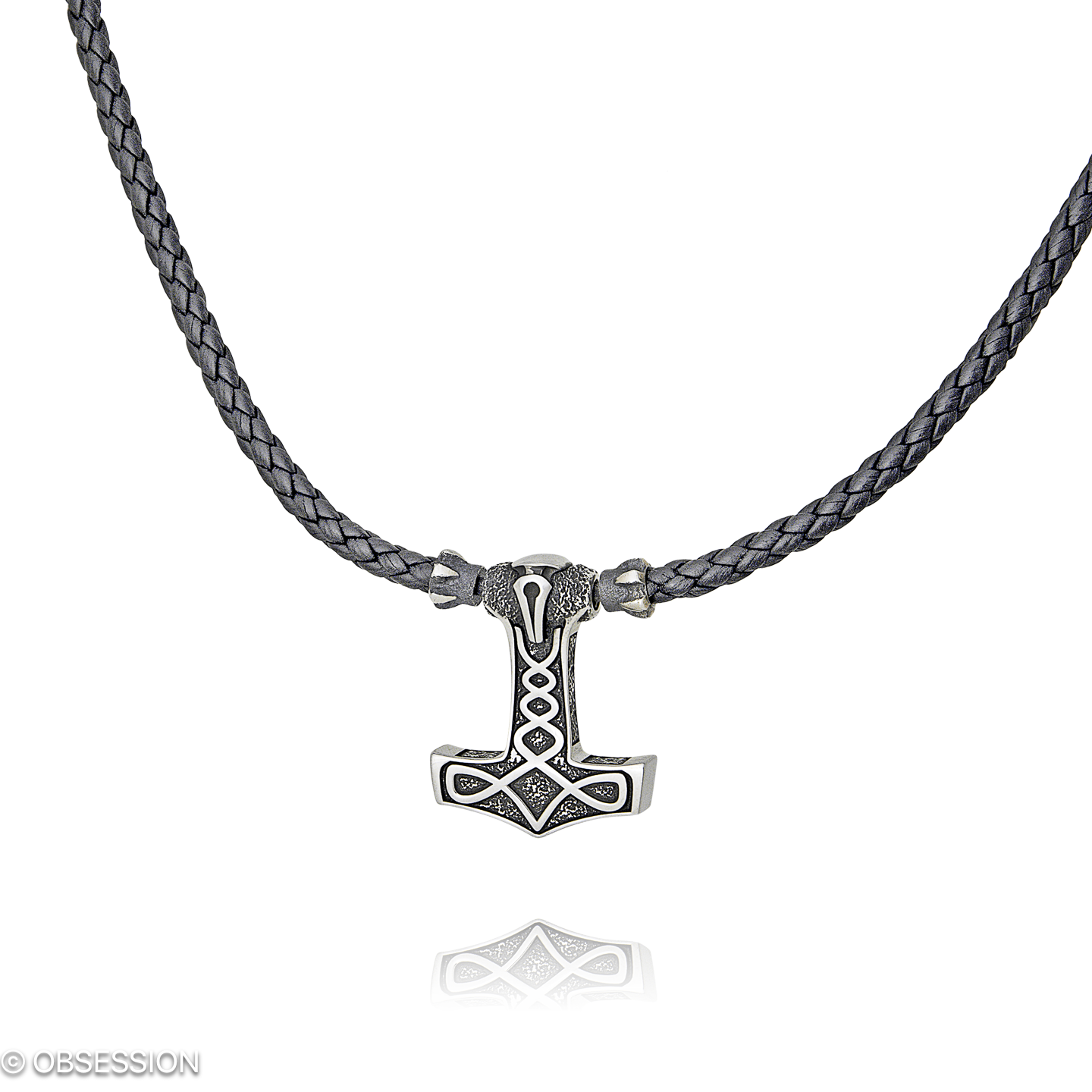 Gremlin Ledercollier mit Thor's Hammer-Motiv in Silber, mit einer Länge von 470mm.