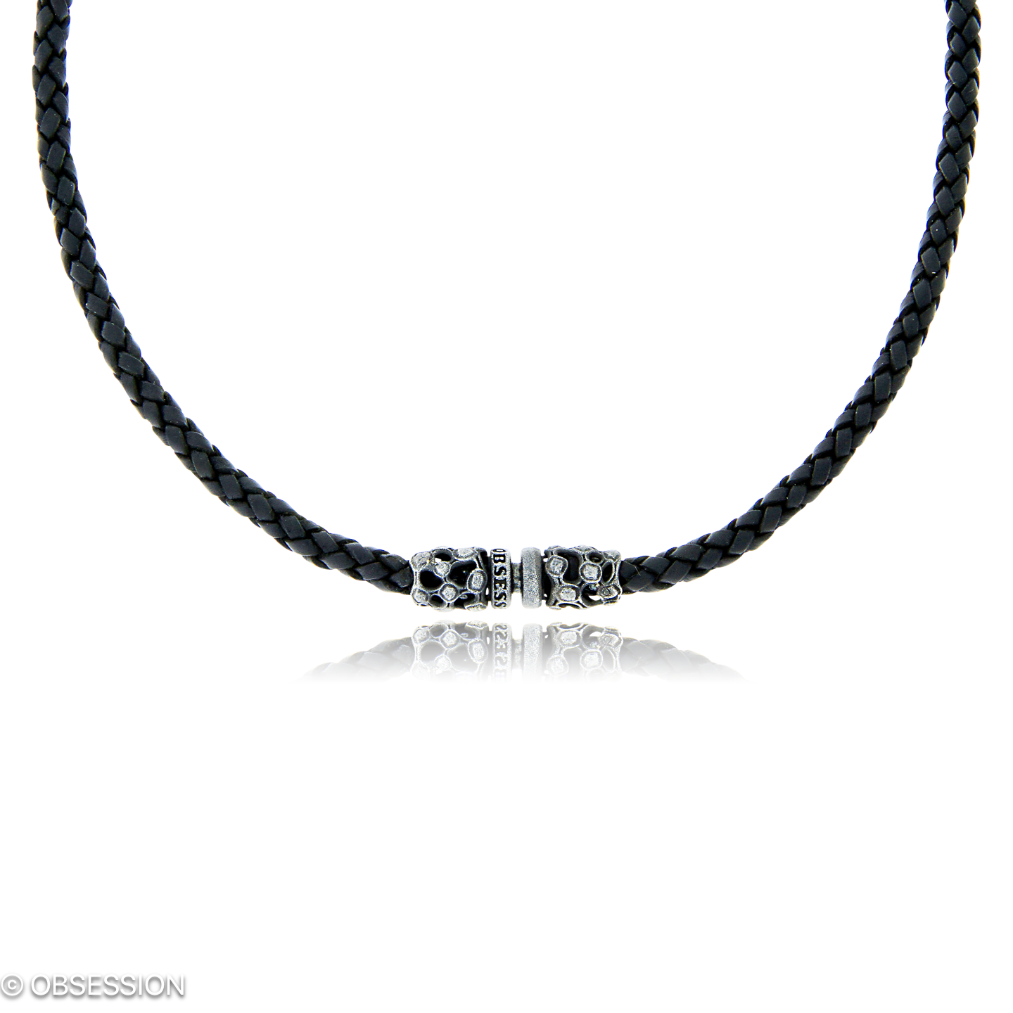 Mikrokosmos Ledercollier in Silber, mit einer Länge von 400mm.