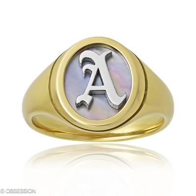 Monogrammring Monogramm in Gelbgold und Weissgold und einem Perlmutt