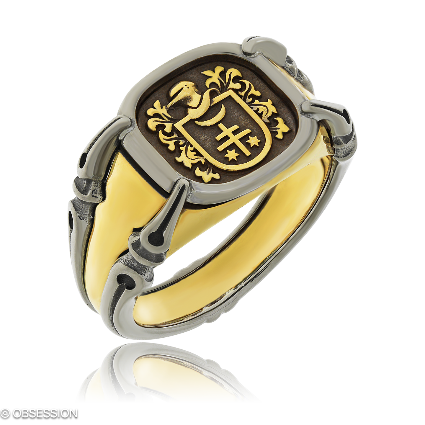 Gremlin Wappenring in Gelbgold und Weissgold, mit einer Ringbreite von 13.3mm und einer Ringgrösse …