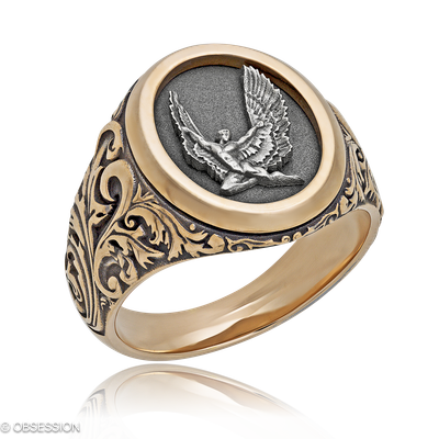 Wappen Wappenring mit Ikarus-Motiv in Rotgold und Weissgold, mit einer Ringbreite von 19mm und eine…