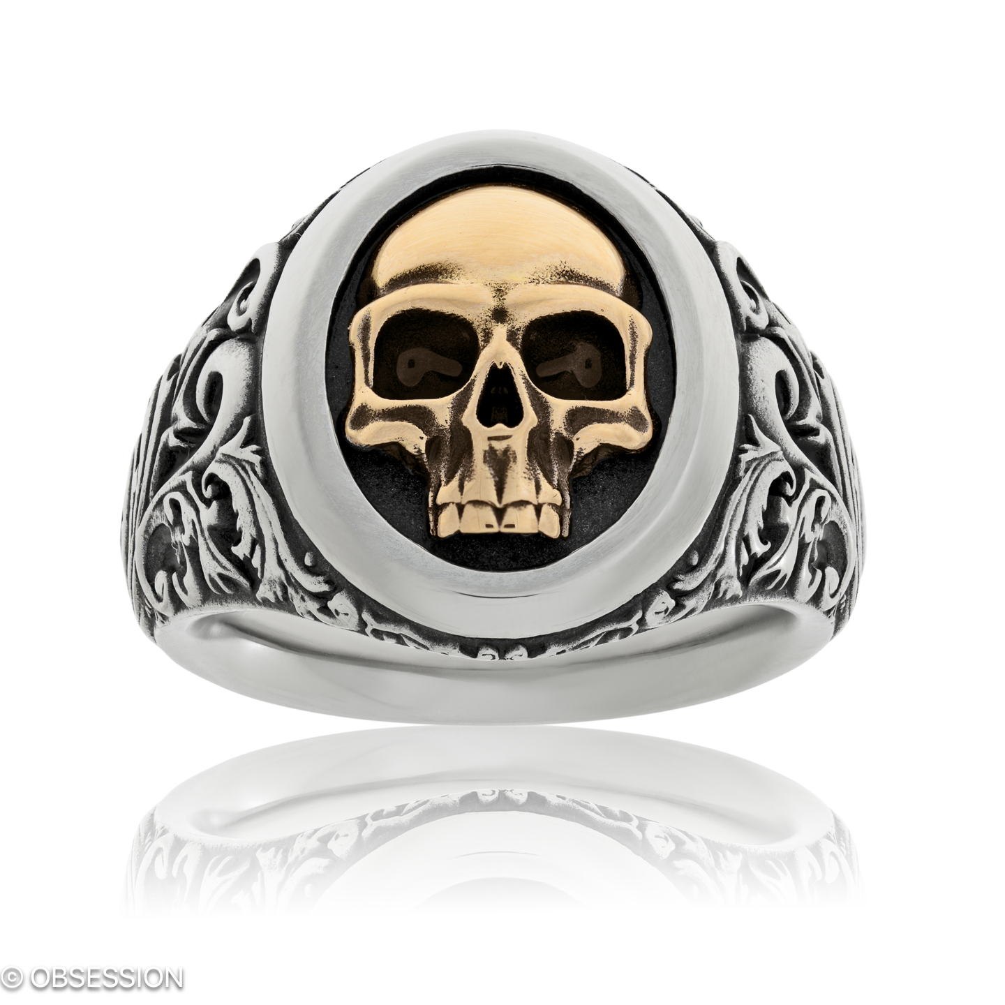 Memento mori Wappenring mit Schädel-Motiv in Rotgold und Edelstahl, mit einer Ringbreite von 20.9mm…