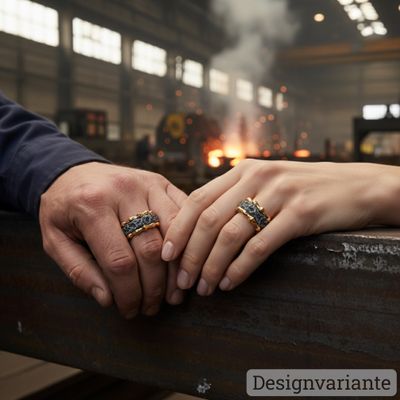 Schmale bewegte Partnerringe in Rotgold und Edelstahl, steinige Struktur kombiniert mit hochglanz p…