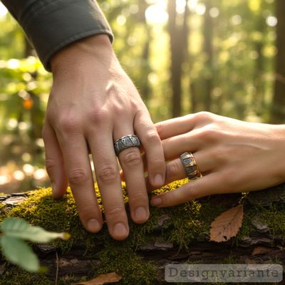 Breite Eheringe in Weissgold und Edelstahl, das Design erinnert an Krallen  eines Drachens die fest…