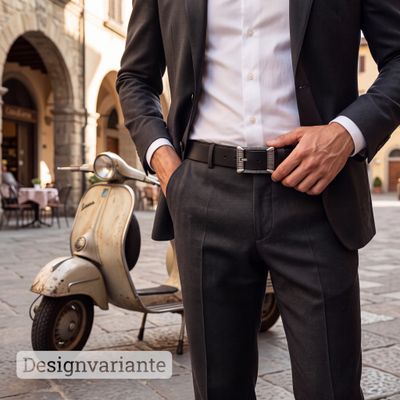 Exklusiver Gürtel mit einer Silber-Gürtelschnalle und schwarzem Leder in einem eleganten OBSESSION-…