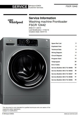 Whirlpool FSCR 12442 Washing Machine Service Manual and Technicians Guide