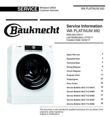 Bauknecht WA Platinum 882 Washing Machine Service Manual