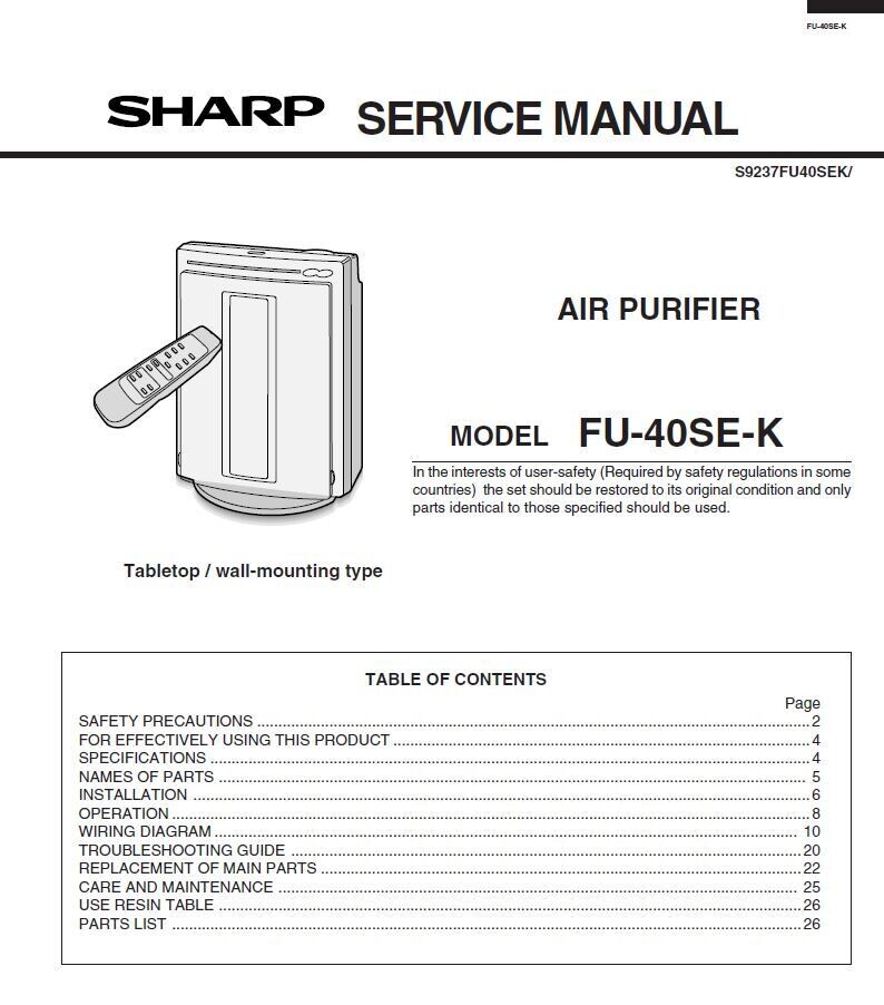 Sharp FU 40 SE Air Purifier Service Manual Repair Guide