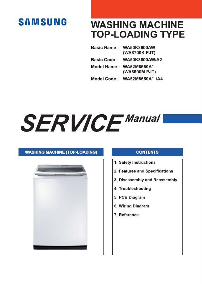 Samsung WA52M8650AV WA52M8650AW Washing Machine Service Manual