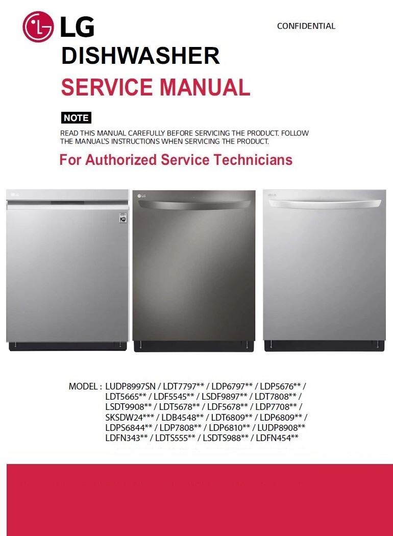 ​LG LDB4548ST and LDTS5552 series service manual with pictures of the dishwashers, LG logo and model names and caution notice