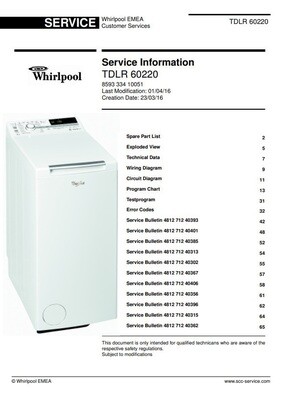 Whirlpool TDLR 60220  Washing Machine Service Manual and Technicians Guide