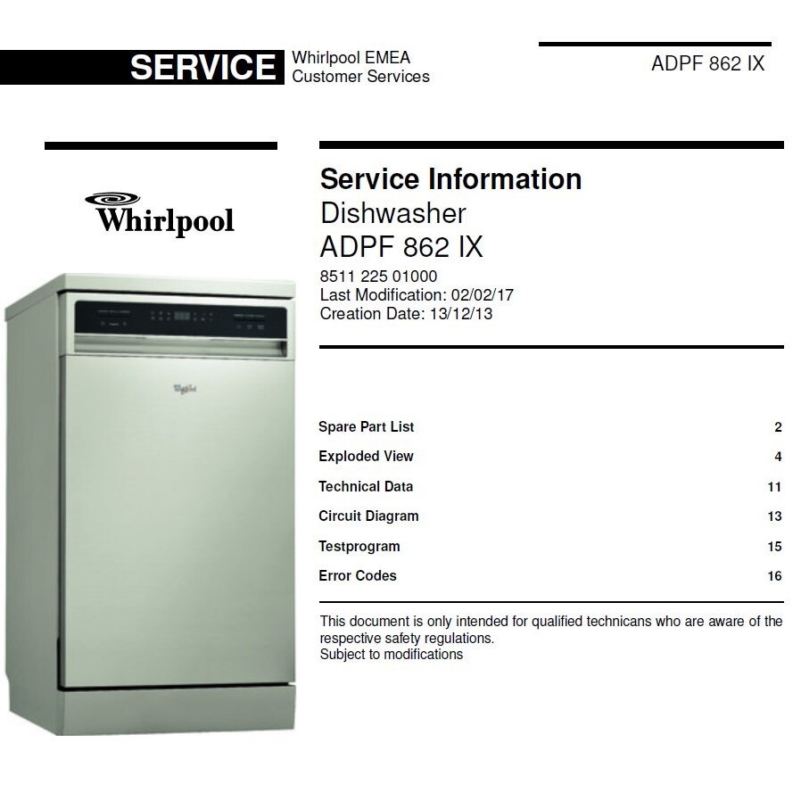Whirlpool ADPF 862 IX Dishwasher Service Manual and Technicians Guide