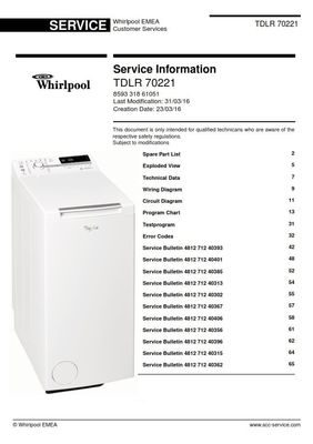 Whirlpool TDLR 70221  Washing Machine Service Manual and Technicians Guide