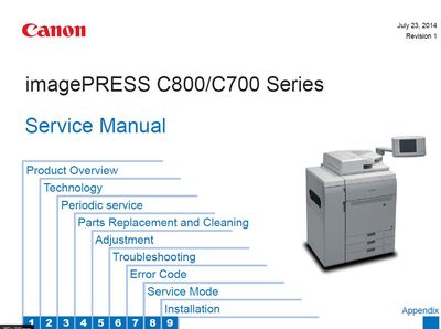Canon imagePRESS C800 C700 service manual front page with picture of the printer, manual contents, Canon logo and model codes