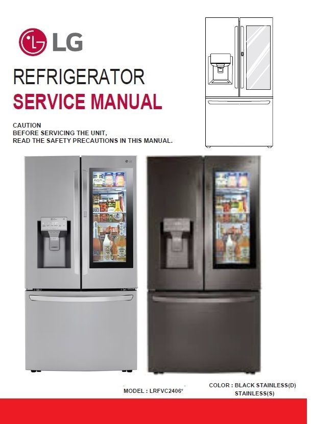 LG LRFVC2406S LRFVC2406D service manual front page with pictures of the refrigerators, LG logo and model names