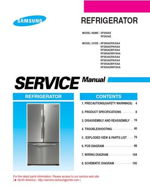 Samsung RF266AE series service manual with picture of the refrigerator, content of the manual, Samsung logo and model codes