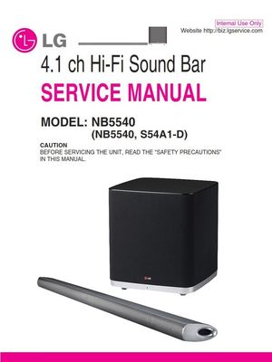 LG NB5540 Home Theater Service Manual front pages, photo of the system, model code and number, caution notice, LG logo
