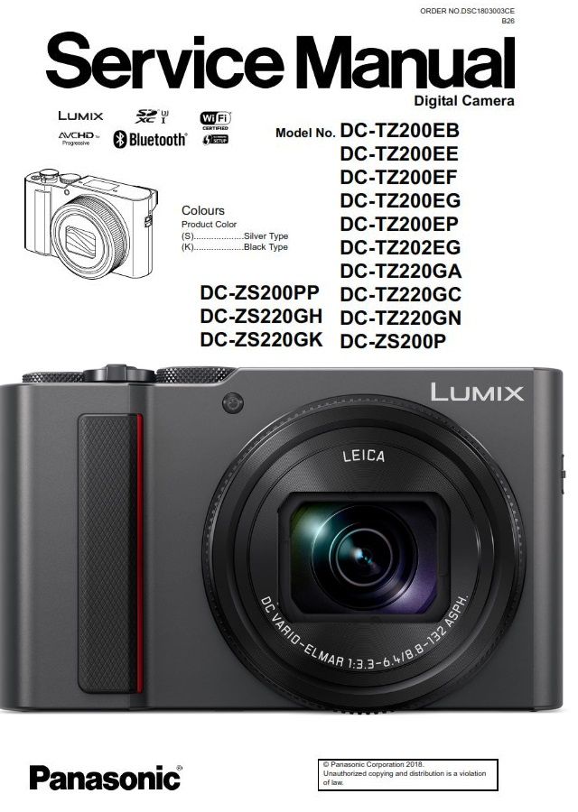 Panasonic Lumix DC ZS200 ZS220 TZ200 TZ220 Digital Camera Service Manual front page. Photo of the camera, model codes.