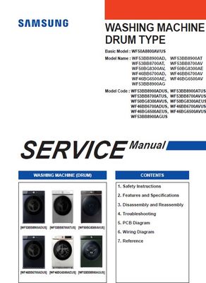 SAMSUNG WF50BG8300AVUS WF50BG8300AEUS Washer Service Manual SAMSUNG WF50BG8300AVUS WF50BG8300AEUS Washer Service Manual front page with photos of the washer and model code numbers.