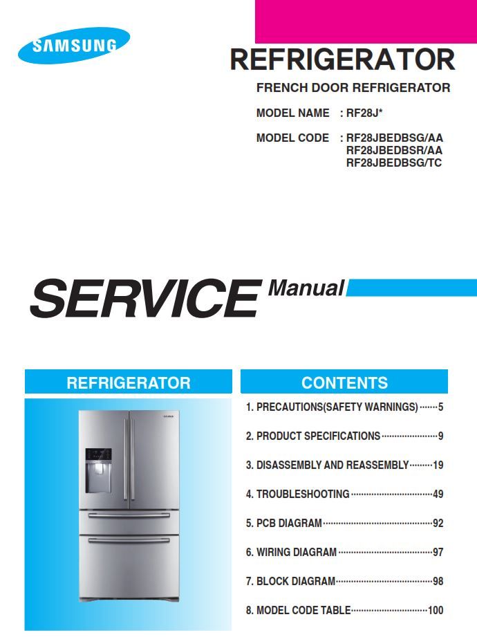 Samsung RF28JBEDBSG RF28JBEDBSR RF28JBEDBSG Refrigerator Service Manual PDF front page with photo of the fridge 