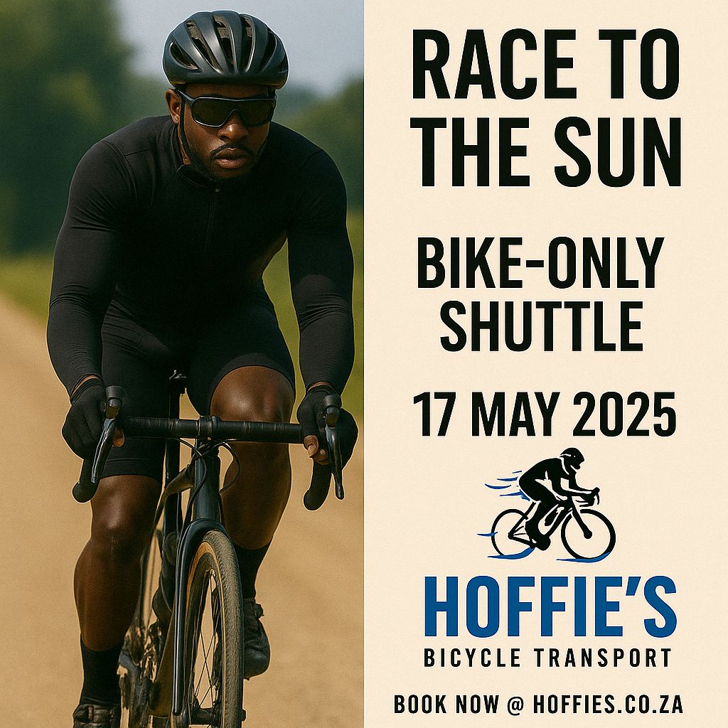 Race to the Sun 2025 bike-only shuttle promotion with male cyclist in black kit and Hoffie&#39;s Bicycle Transport booking details