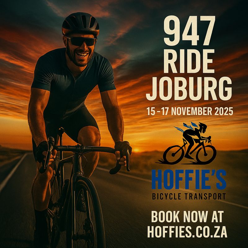 Promotional image for Hoffie&#39;s Bicycle Transport showcasing bicycle transport services for the 947 Ride Joburg cycling race, taking place 15–17 November 2025. A smiling road cyclist in full gear rides confidently along a scenic road at sunset. The event details appear in bold text, alongside Hoffie&#39;s logo featuring a dynamic rider with blue lightning. Text at the bottom urges riders to “Book Now at hoffies.co.za”. Ideal for hassle-free, fully assembled bicycle transport to and from Johannesburg’s biggest road cycling event.