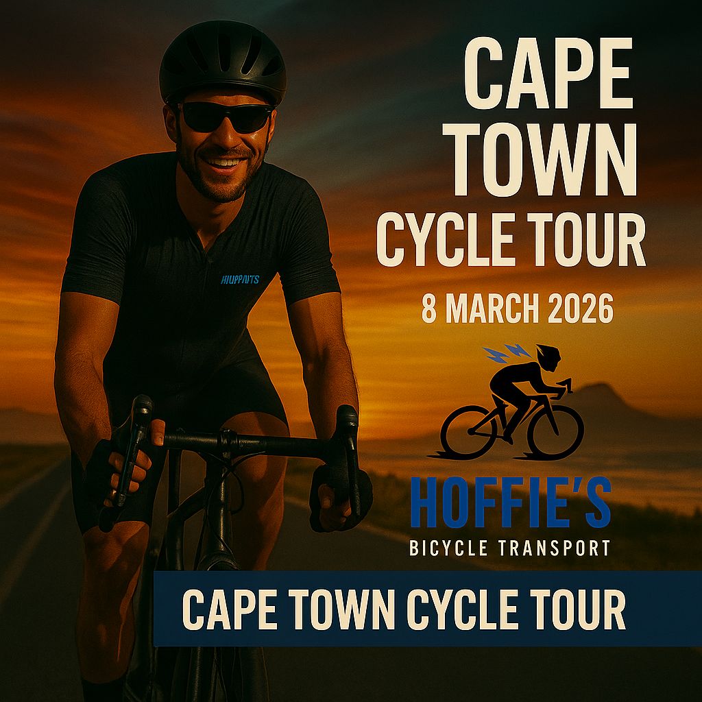 Promotional image for Hoffie&#39;s Bicycle Transport featuring a smiling cyclist riding along a scenic coastal road at sunset with Table Mountain in the background. The ad highlights the Cape Town Cycle Tour on 8 March 2026, with bold text stating &quot;From R1650&quot;. The Hoffie’s Bicycle Transport logo with lightning bolts and a stylized cyclist is prominently displayed. Ideal for road cyclists looking for reliable, insured, and hassle-free bicycle transport services to major cycling events in South Africa.