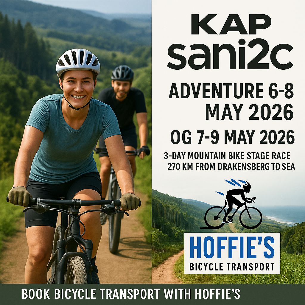 Hoffie’s Bicycle Transport for KAP sani2c 2026 – Adventure 6-8 May &amp; OG 7-9 May. 270km MTB race Drakensberg to sea, book now.