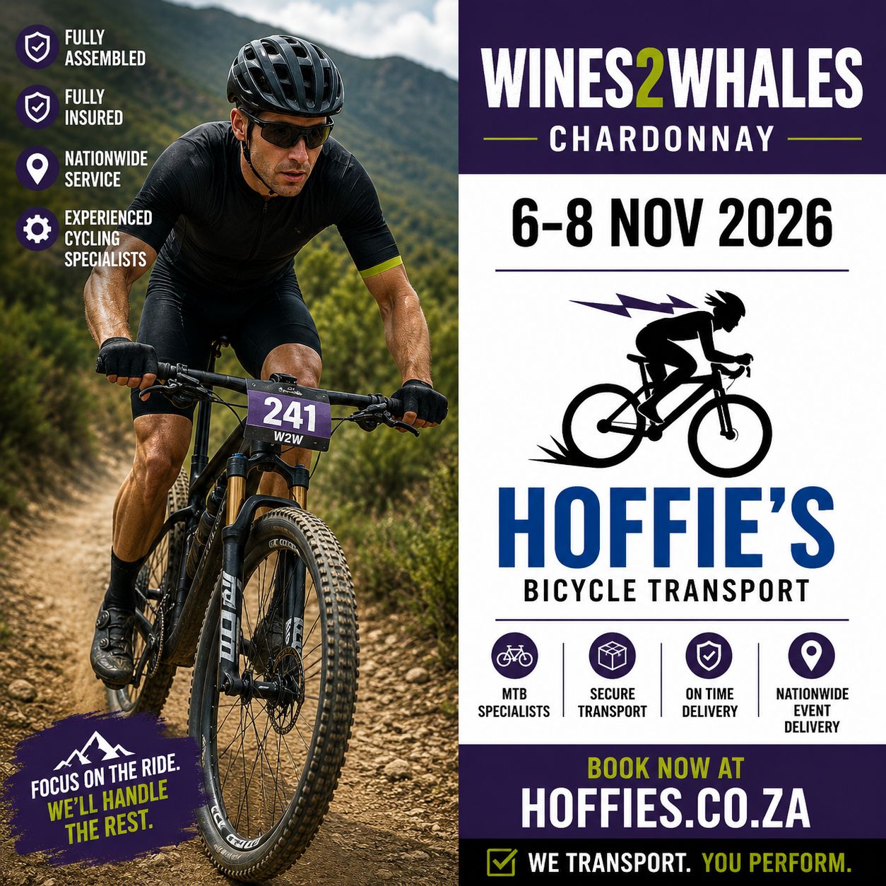 Wines2Whales Chardonnay 2026 bicycle transport by Hoffies, fully assembled insured MTB transport nationwide South Africa
