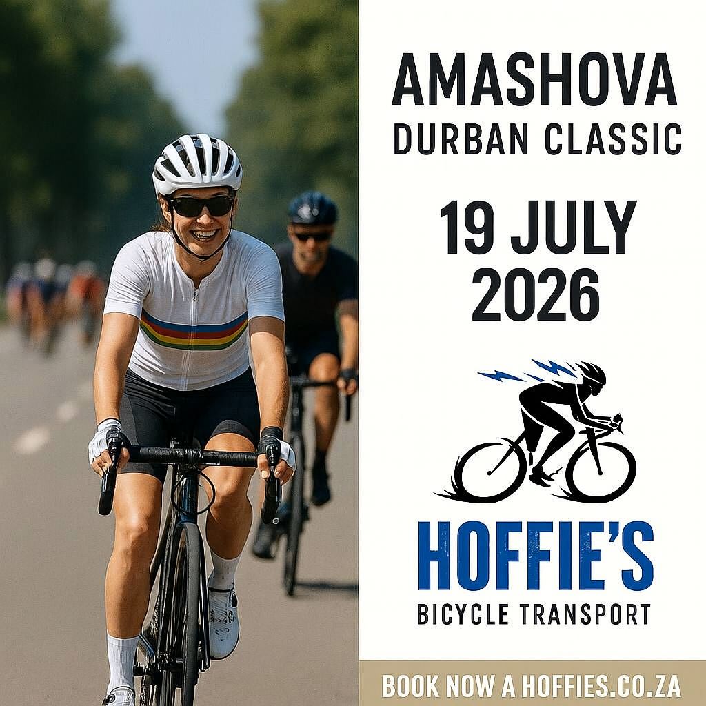 Amashova Durban Classic 19 July 2026 poster with cyclist and Hoffie’s Bicycle Transport service logo promoting safe bookings.