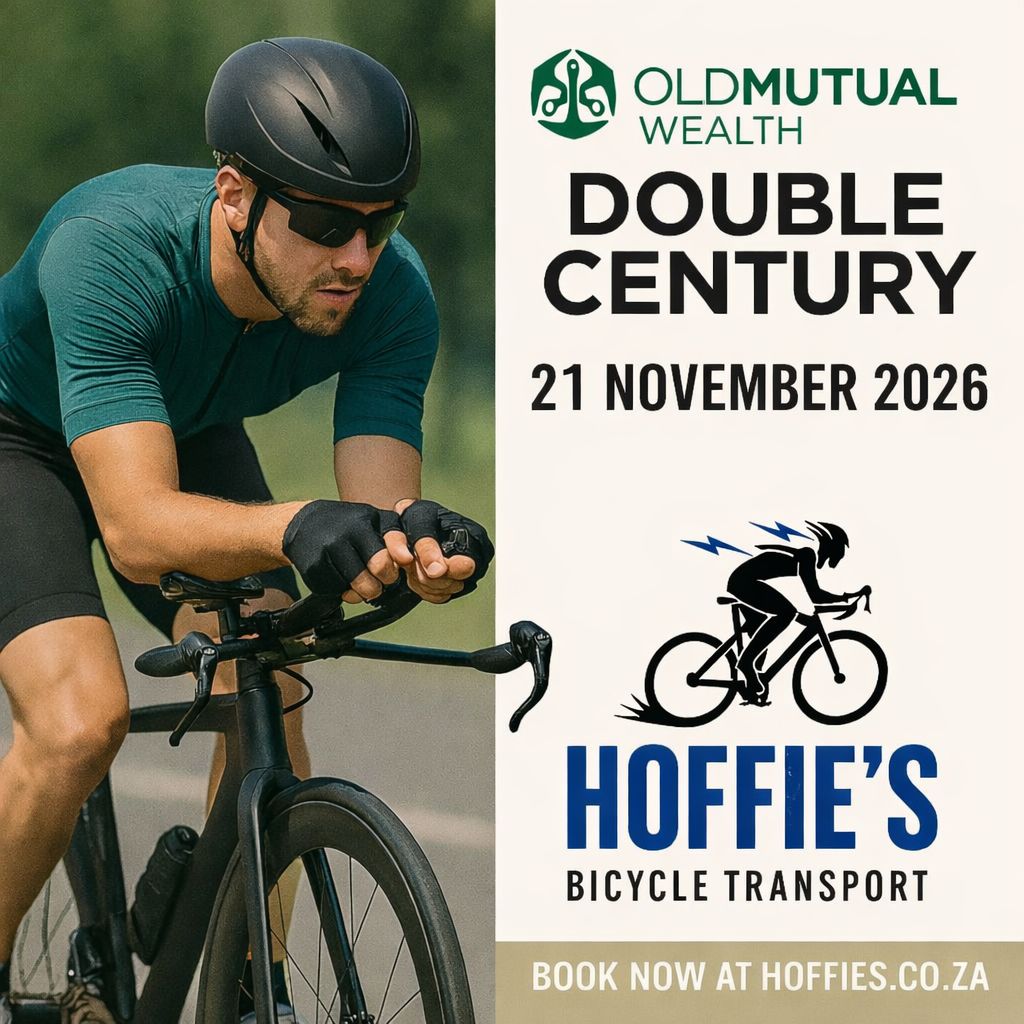 Double Century 2026 cyclist promoting Hoffies bicycle transport for team road cycling event South Africa Swellendam
