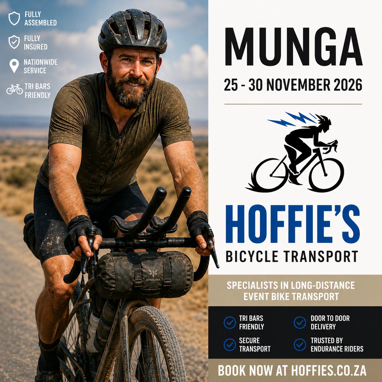 The Munga 2026 bicycle transport by Hoffies for endurance gravel riders with fully assembled insured nationwide delivery.
