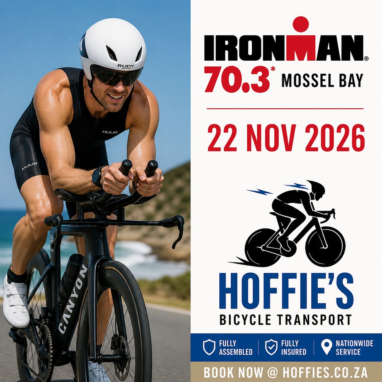 IRONMAN 70.3 Mossel Bay 2026 triathlon bicycle transport by Hoffies with fully assembled insured nationwide delivery.