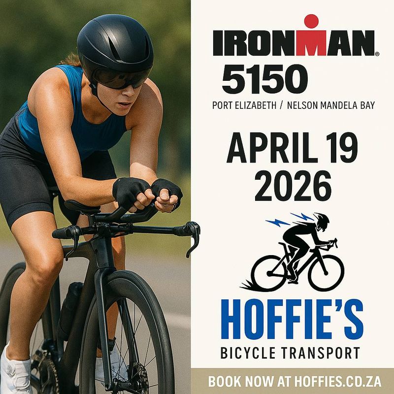 IRONMAN 5150 Port Elizabeth 2026 cyclist promoting Hoffies bicycle transport for triathlon bike logistics South Africa