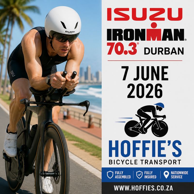 ISUZU IRONMAN 70.3 Durban 2026 triathlon bicycle transport by Hoffies with fully assembled insured nationwide service.