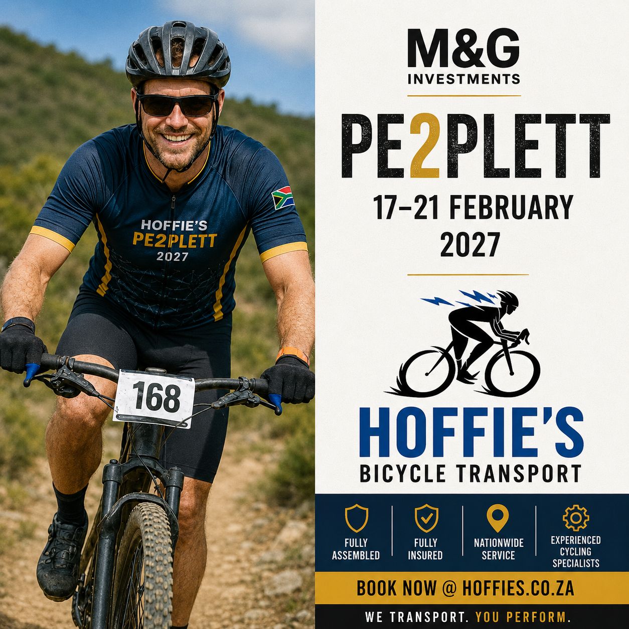 M&amp;G PE2PLETT 2027 bicycle transport by Hoffies with fully assembled insured MTB delivery for stage race riders.