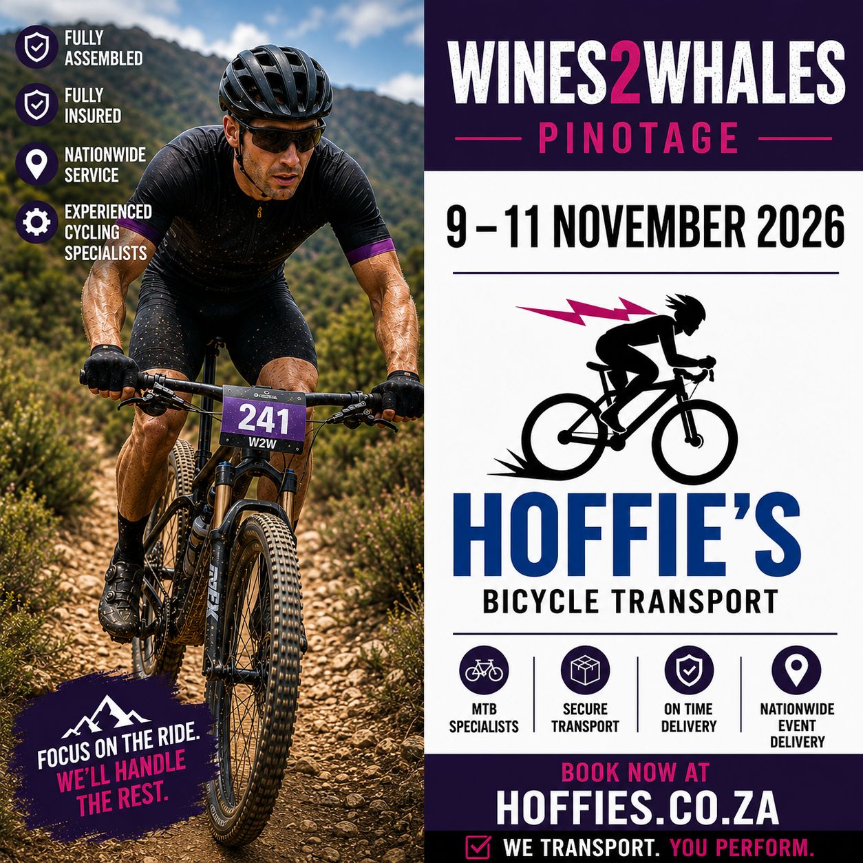 Wines2Whales Pinotage 2026 bicycle transport by Hoffies, fully assembled insured MTB event transport nationwide South Africa