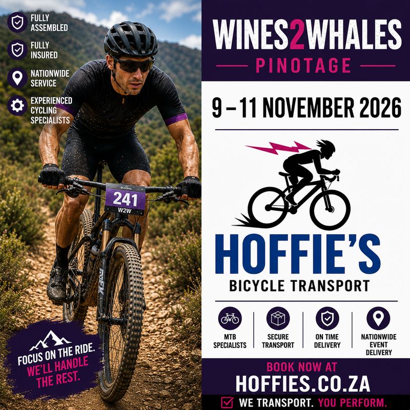 Wines2Whales Pinotage 2026 bicycle transport by Hoffies, fully assembled insured MTB event transport nationwide South Africa