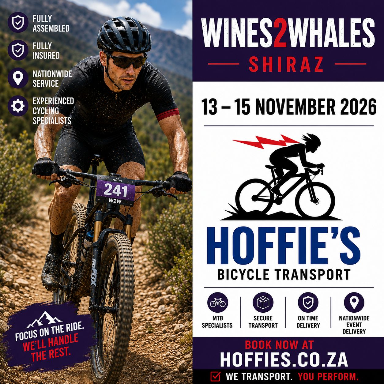 Wines2Whales Shiraz 2026 bicycle transport by Hoffies, insured fully assembled MTB race transport South Africa