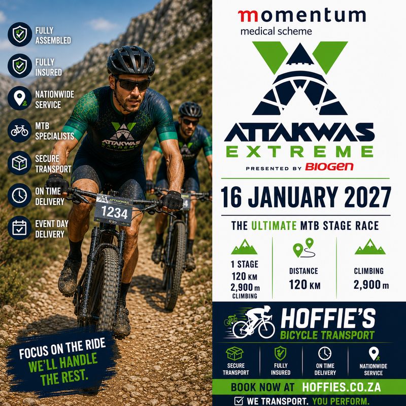 Attakwas Extreme 2027 bicycle transport by Hoffies, fully assembled insured MTB transport to South Africa stage races