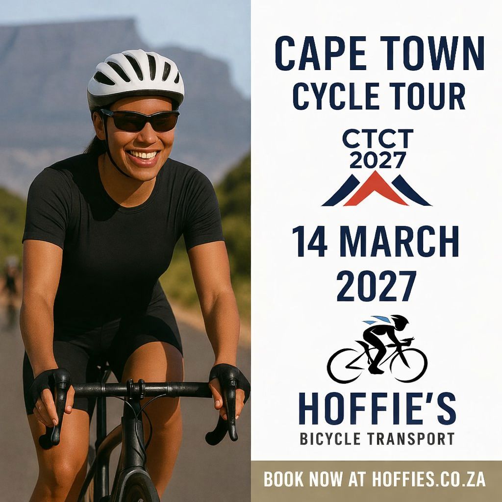 Cape Town Cycle Tour 2027 cyclist with Table Mountain promoting Hoffies bicycle transport booking for CTCT riders South Afric