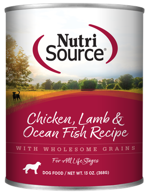 Nutri Source Chicken, Lamb and Ocean Fish ADULTOS Y CACHORROS 13 OZ.