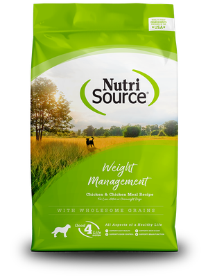 NutriSource Weight Management - Alimento seco para perros, harina de pollo, granos inclusivos, probióticos y prebióticos apoyo, perros menos activos, sin maíz ni trigo ni soja. - 4 libras
