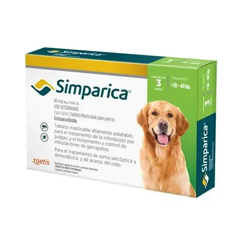Zoetis Simparica 80 mg - (Sarolaner) Comprimidos masticables para perros de 20 a 40 kg.  Ectoparasiticida oral. - 1 tableta