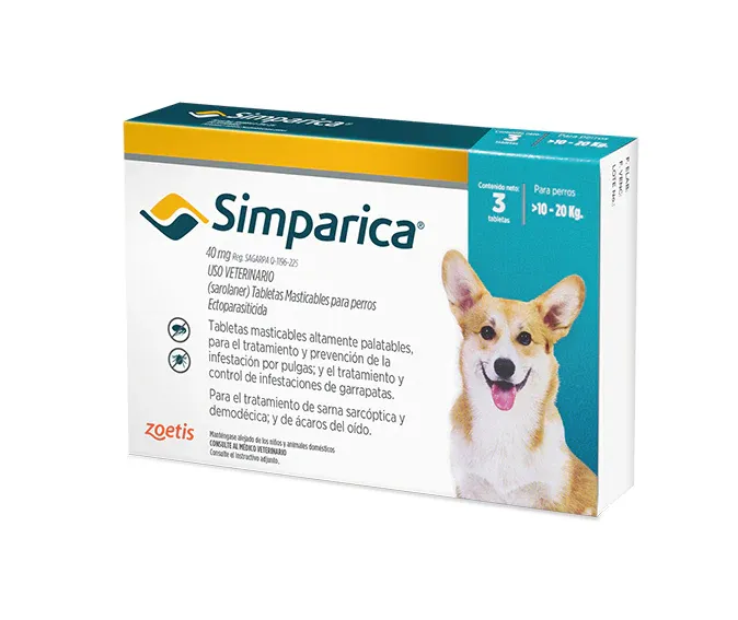 Zoetis Simparica 40 mg - (Sarolaner) Tabletas Masticables para perros de >10 a 20 kg Ectoparasiticida de administración oral. - 1 tableta