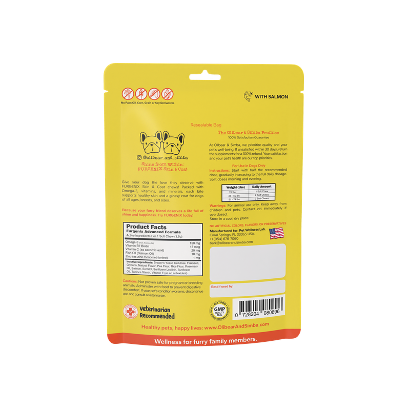 Olibear &amp; Simba FURGENIX™ Skin &amp; Coat - Masticables blandos para perros, con omega-3, biotina, zinc y vitamina C, apoyo para la piel y el pelaje, sabor salmón - 60 masticables