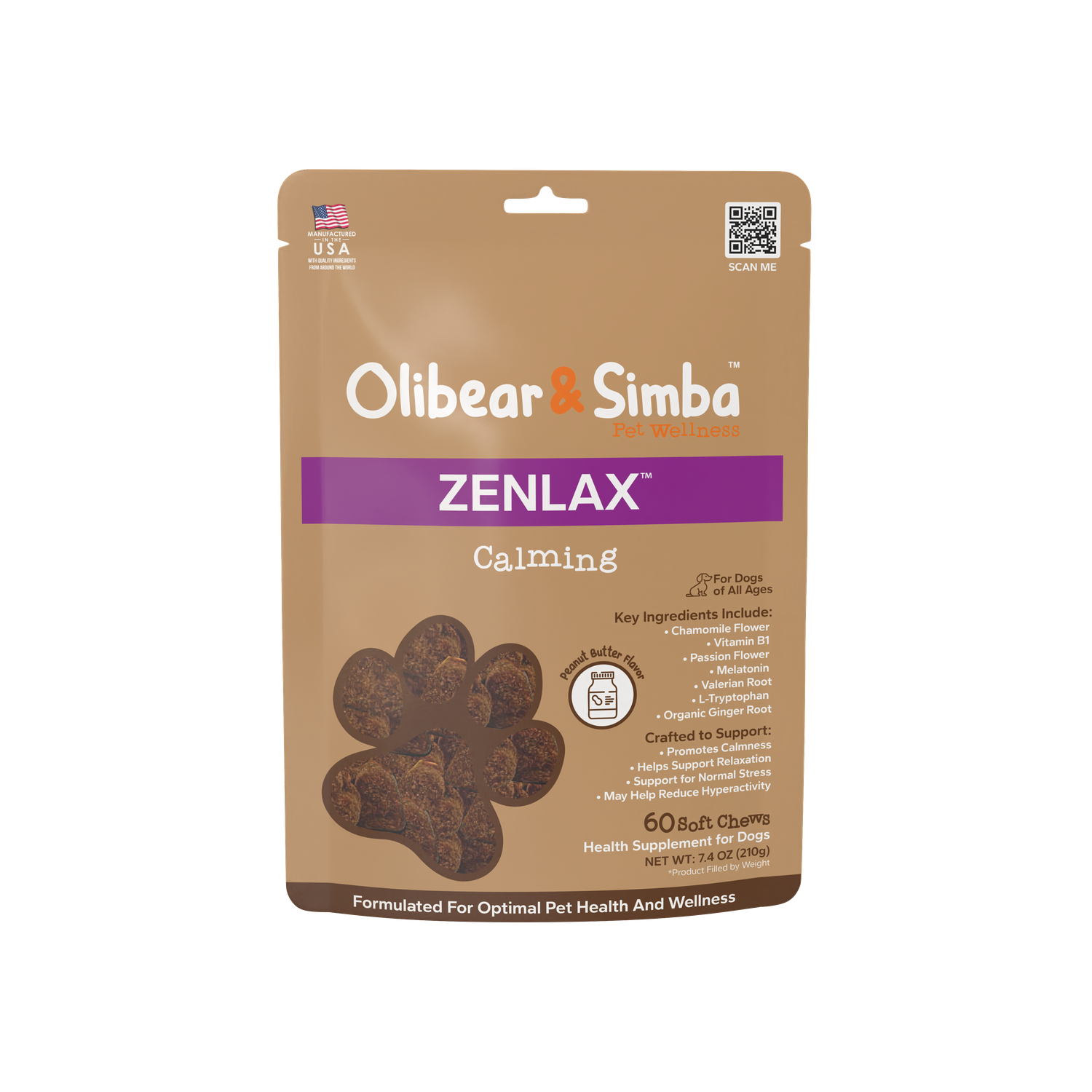 Olibear &amp; Simba ZENLAX™ Calming – Suplemento de salud para perros (Health Supplement for Dogs) – Sabor a crema de maní (Peanut Butter Flavor). - 60 masticables