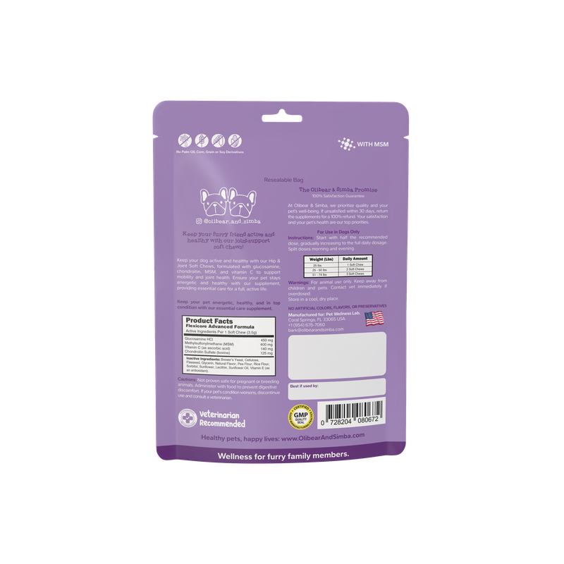 Olibear &amp; Simba FLEXICORE™ Hip &amp; Joint - Suplemento masticables blandos para perros, apoyo para la salud de las articulaciones y la cadera (Tocino) -  60 masticables