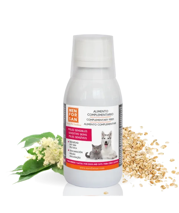 MENFORSAN Alimento líquido complementario para perros y gatos con piel sensible - Ingredientes naturales para animales con piel atópica, enrojecimiento o exceso de grasa en la piel. (Rosado) 120 ml.